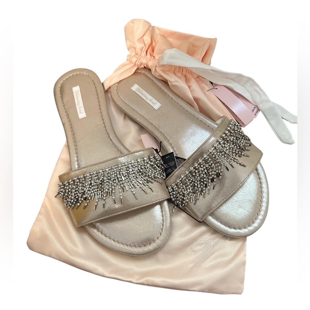 Victoria’s Secret Fringe Rhinestone Slides Slippers  Gold  NWT